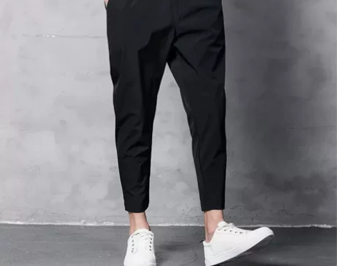 夏季男士冰丝弹力九分裤宽松休闲裤薄款纯黑色...