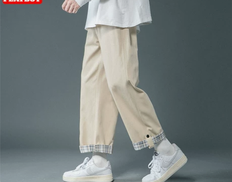 花花公子卡其色裤子男士春秋季宽松直筒休闲裤...
