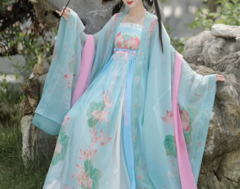 原创汉服夏季薄款荷中仙一片式诃子裙学生飘逸...