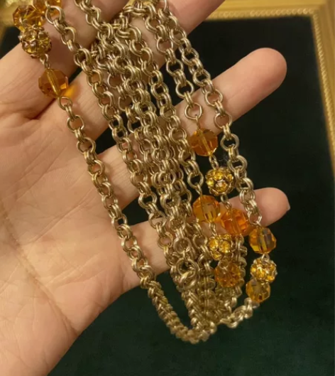 Vintage素金水晶立体莱茵石球球项链 ...