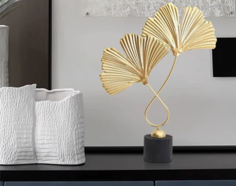 北欧简约ins铁艺金色银杏叶酒柜玄关摆件创...