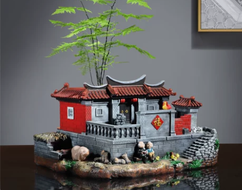 创意客厅花盆造景原创树脂建筑闽南古厝装饰品...