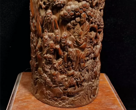 闲置转让老黄杨木雕笔筒《十八罗汉》实木文房...