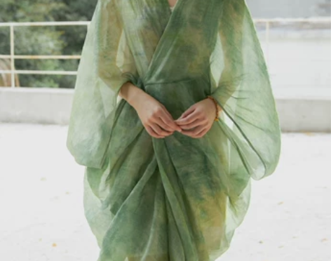 新中式立体裁剪苎麻夏季裙 扎染效果绿色印花...