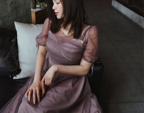 裁缝家大码女装春上新轻奢网纱裙烟紫网纱连衣...