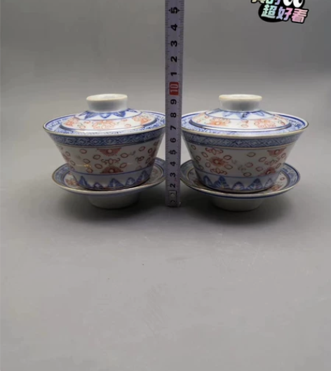 青花玲珑加彩盖碗，景德镇光明瓷厂早期老库存...