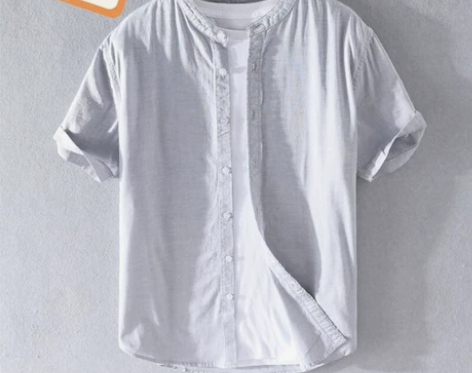 棉麻立领短袖衬衫男士夏天新款上衣服白色休闲...