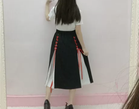 春夏秋冬学院风复古高腰绑带拼色中长裙半身裙...