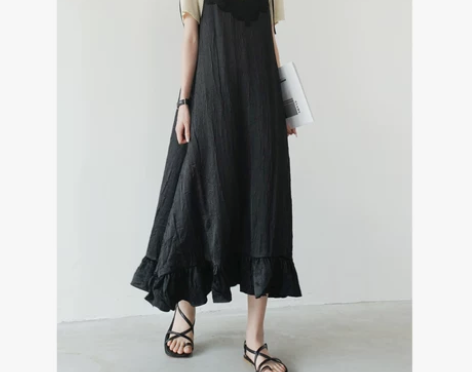 肌理感褶皱荷叶边小黑裙女夏新款背带连衣裙宽...