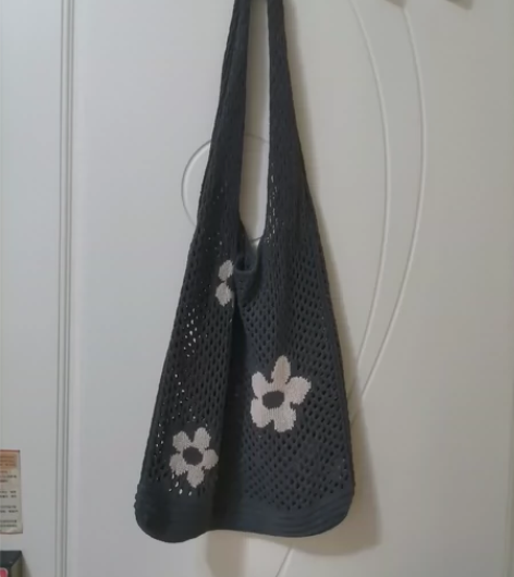 针织网兜单肩包中灰色花朵 老鼠灰，宽30。...
