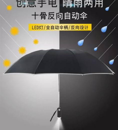 led灯自动三折反向伞车载黑胶遮阳伞防晒男...