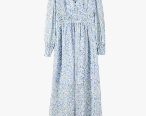 【198元】气质碎花法式绑带V领连衣裙女2...