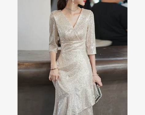 晚礼服 仪式主持 播音生 香槟色亮片晚礼服...