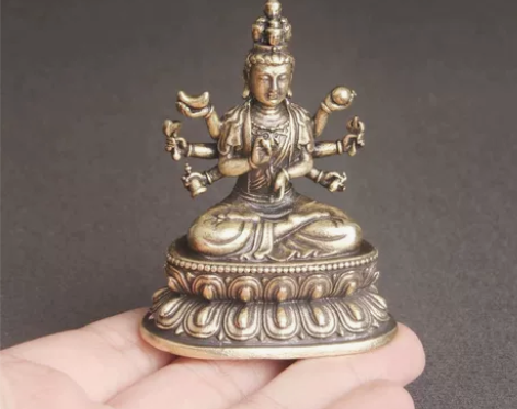 黄铜千手观音像桌面摆件复古做旧供奉佛像工艺...