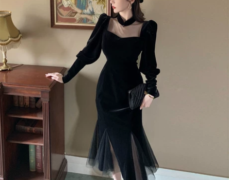 高端法式网纱拼接金丝绒连衣裙女秋冬轻奢名媛...