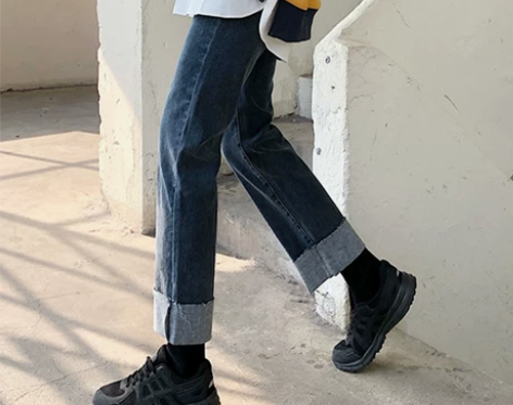 卷边复古牛仔裤女大码梨形身材胖妹妹mm早秋...
