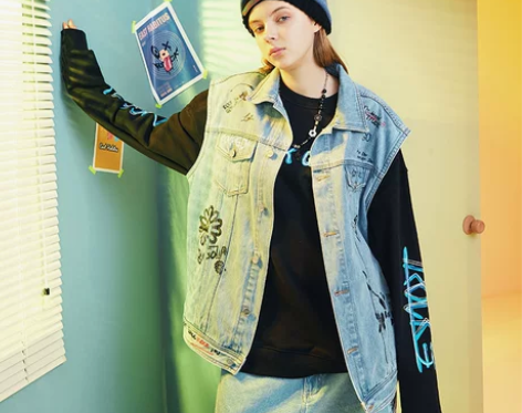 EH摇滚潮牌21春季手绘印花牛仔马夹摇滚狗...