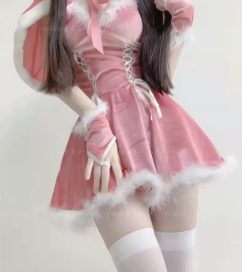 猫猫祟祟～圣诞小兔粉色丝绒套装 新年性感女...
