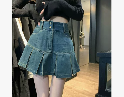 优芭拉高腰百褶牛仔半身裙女春夏大码胖mm显...