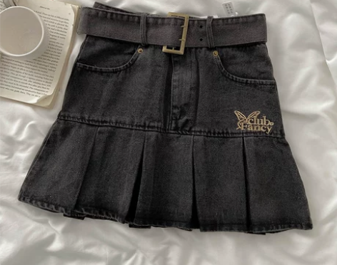 夏季刺绣蝴蝶甜辣妹牛仔A字高腰短裙机能学院...