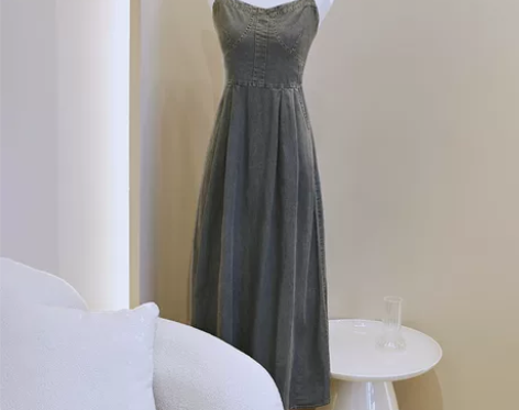 SAW高腰做旧牛仔吊带连衣裙女春夏秋内搭高...