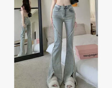 显瘦喇叭裤微喇新款粉色绑带毛边长裤百搭辣妹...