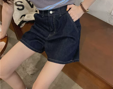 夏季2022年新款复古a字型宽松深蓝色阔腿...