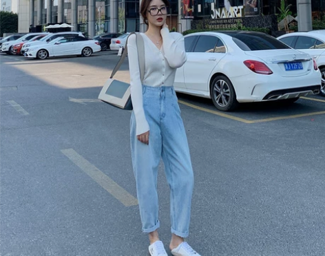 七哥家 花苞牛仔裤女直筒宽松高腰显瘦202...