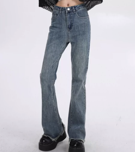 赛小懒微喇毛边牛仔裤女夏季高腰显瘦马蹄裤个...