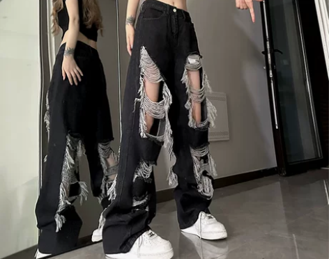 妈个鸡妈 ins街头夏季刮烂破洞直筒做旧牛...