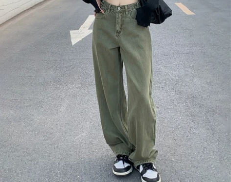 美式军绿色工装牛仔裤女春秋季大码胖妹妹设计...