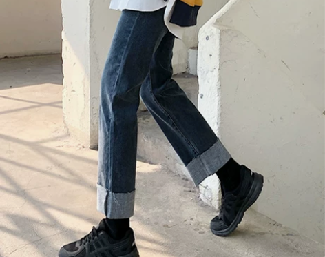 卷边复古牛仔裤女大码梨形身材胖妹妹mm早秋...