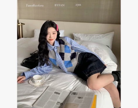 范智乔 韩系学院风菱格针织背心女春夏V领小...