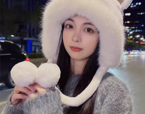 女秋冬季小熊耳朵毛绒帽加绒加厚骑行防寒护耳...