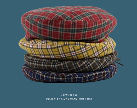 韩国小姐姐神仙颜值格纹贝雷帽女春夏季薄款画...