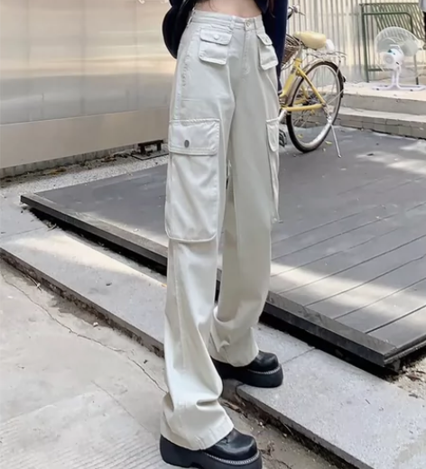 美式高街白色工装裤女直筒阔腿裤，沙白色很好...