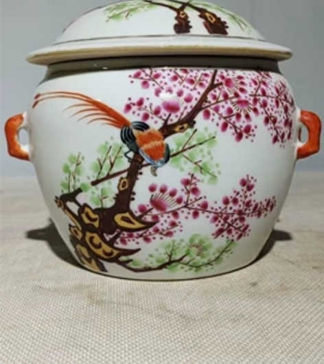 手绘“喜上眉梢”粥罐，绘画漂亮，耳窑带干裂...