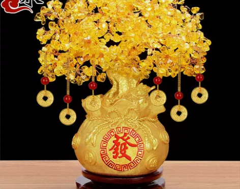 黄水晶发财树招財摆件酒柜装饰品家居客厅玄关...