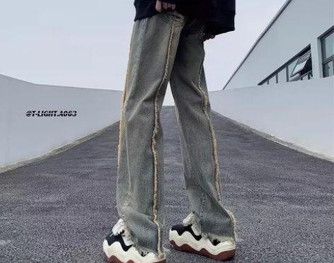 水洗做旧牛仔裤男秋冬季设计感高级美式高街潮...