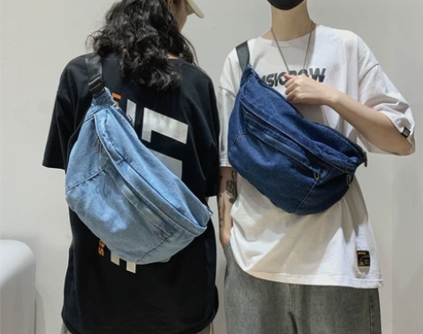 港风原宿ins包包女斜挎包百搭牛仔布胸包男...