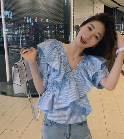 蓝色条纹荷叶边上衣2020年新款韩版夏季短...