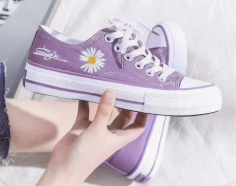 帆布鞋女款小雏菊大码低帮韩版学生复古百搭紫...
