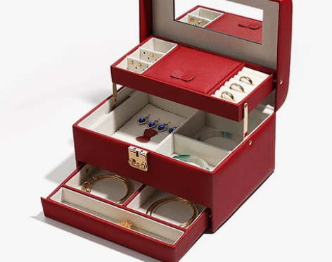 红色婚庆珠宝收纳箱子婚嫁项链手镯戒指耳钉手...
