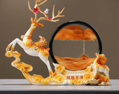 新中式流沙画一鹿生财摆件艺术沙漏家居客厅酒...