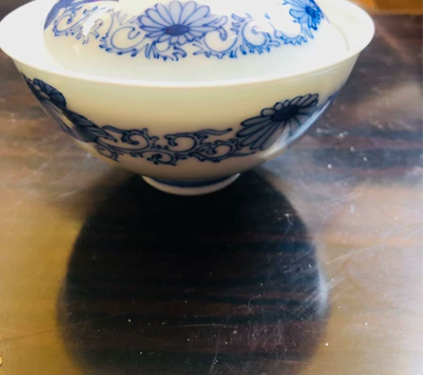 日本产 河本砾亭造 蓝染付盖碗 手绘青花釉...