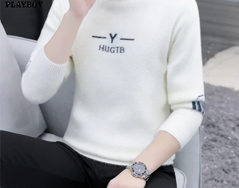 花花公子水貂绒半高领毛衣男士冬季青少年打底...