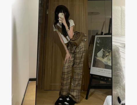美式高街棕色格子裤女ins潮牌直筒阔腿裤运...