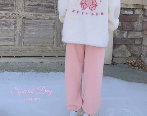 华夫格 运动少女 束脚宽松直筒卫裤长裤 粉...