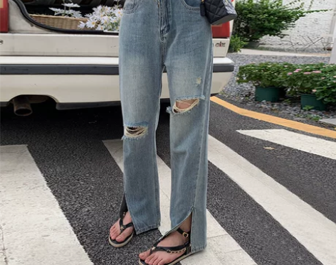 张大人大码女装胖妹妹遮肉显瘦开衩破洞做旧牛...