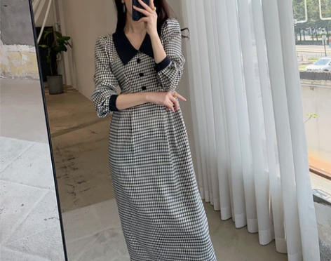 果哥定制新款小格子连衣裙女秋装长袖法式气质...